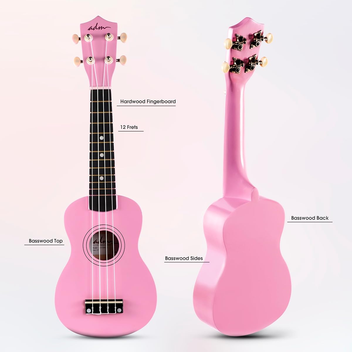ADM Soprano Ukulele Beginner 21 Inch Hawaiian Wood Ukulele Kit Kids Adults Student Starter Professional Ukalely Pack Bundle Free Lessons Gig Bag Strap Nylon String Tuner Pick, Pink