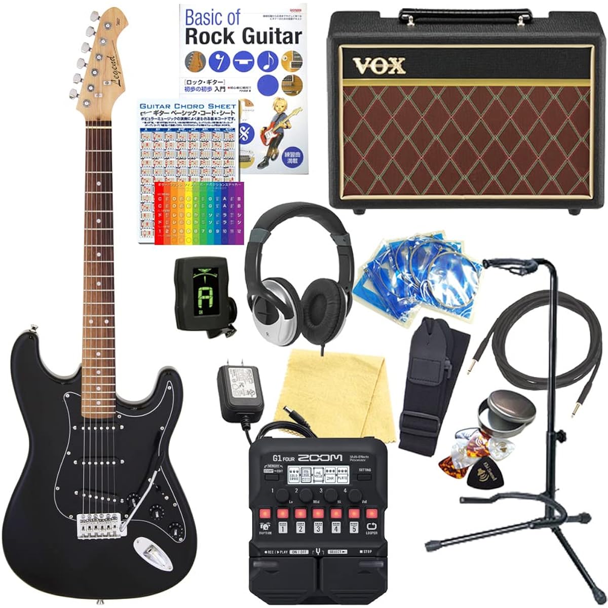 Electric guitar beginner set Stratocaster type 18-piece set with VOX amp Legend LST-Z BBK [ZOOM G1Four multi-effector included]