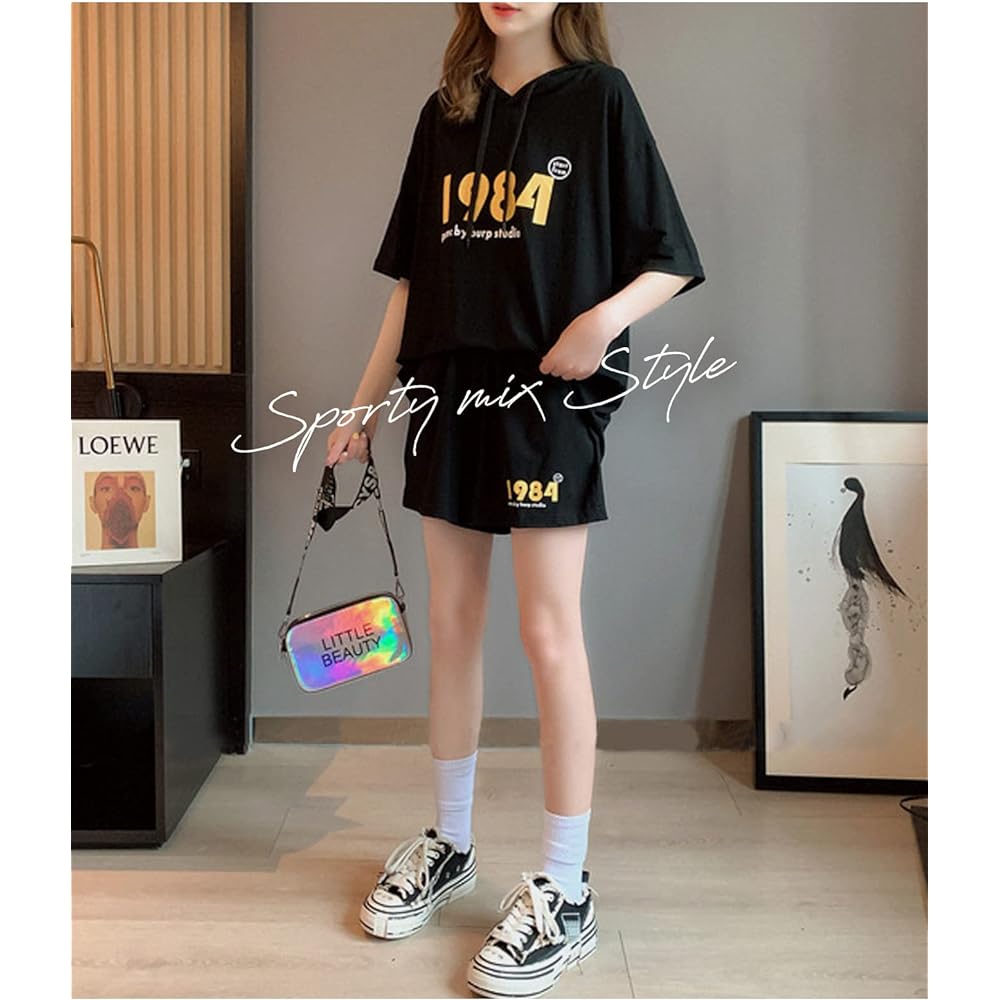 [J.STORE] 2-piece set, top and bottom, parka, women's, short sleeve, spring, summer, casual, logo set, elastic waist, tops, pants, loungewear