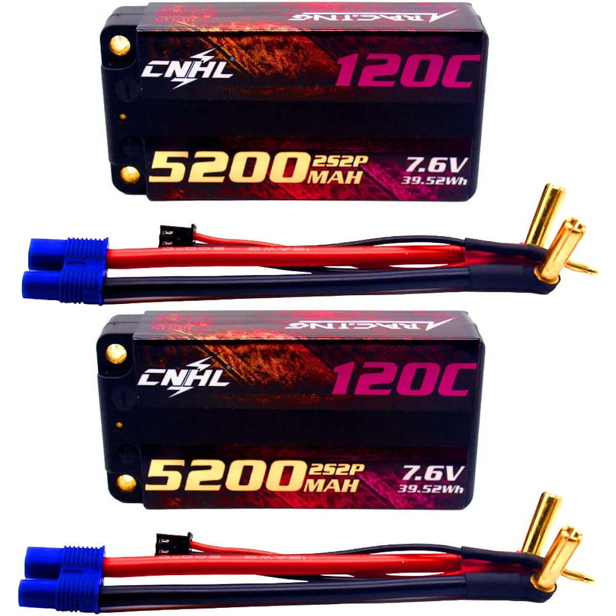 CNHL 2S Shorty Lipo Battery 5200mAh 120C 7.6V Lipo Battery Hard Case with EC3 Plug for RC Car RC Plane/Truck 1/8 1/10 RC Vehicles (2 Pack)
