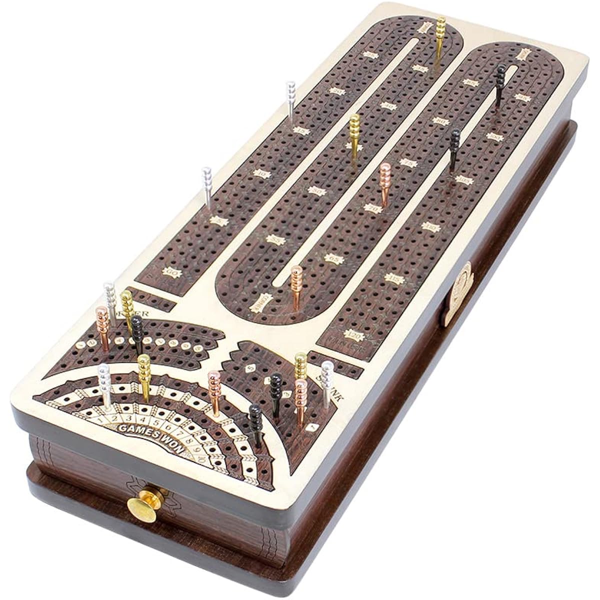 House of Cribbage - Continuous Cribbage Board/Box Inlay Rosewood/Maple: 4 Tracks - Includes Skunk, Corner, and Won Games - Peg & Card Storage Drawer