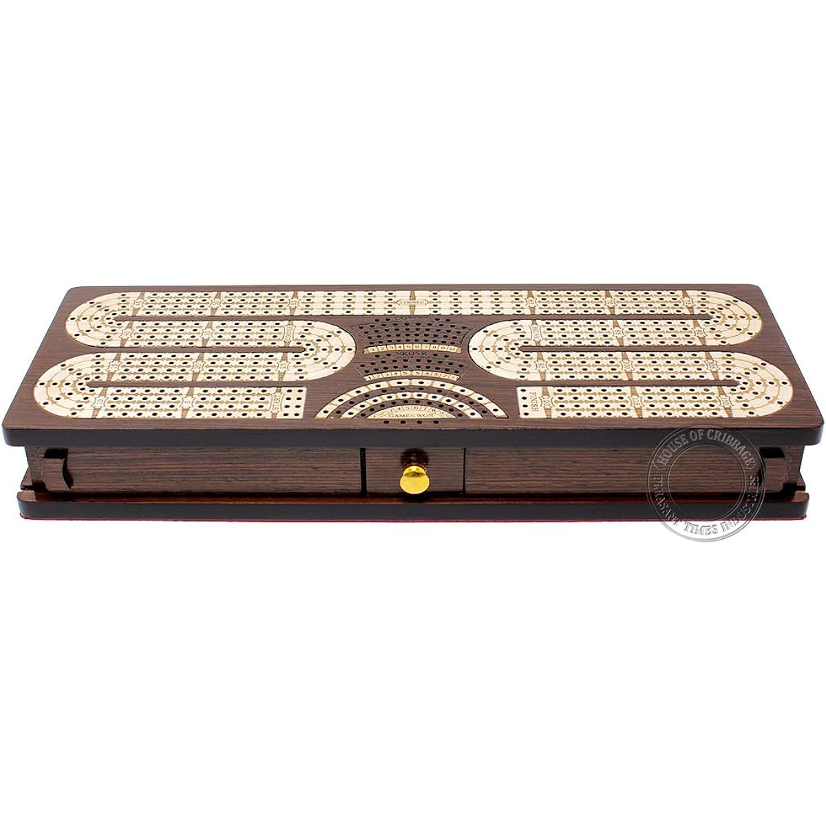 House of Cribbage - Continuous Cribbage Board / Box in Wenge Wood / Maple: 4 Tracks - Sliding Lid & Drawer with Score Marking Field for Skunk, Corner, and Win Games