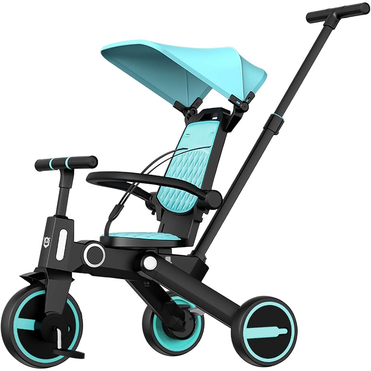 Chinqueeny Tricycle with Handlebar, Folding Transformation Bike with Sunshade, Handcart, Stroller with Pedals, Easy to Assemble, Compact, Ultra Light, Easy to Carry, Birthday Gift for 2 Years Old, 3 Years Old, 4 Years Old, 5 Years Old, 6 Years Old (Blue)