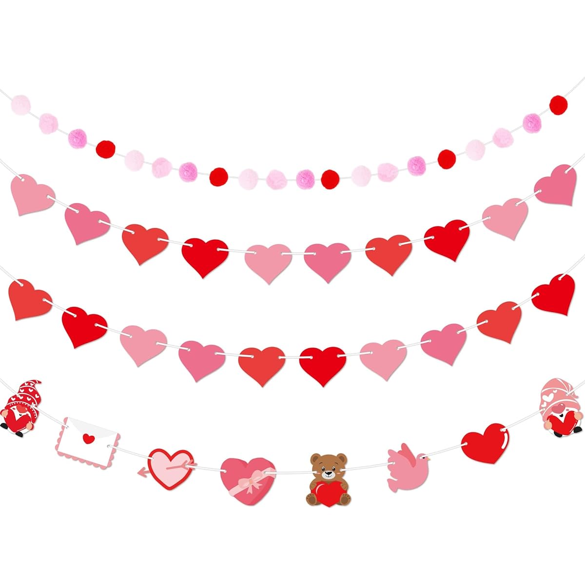 Valentine's Day Heart Garland Decorations Heart Pom Pom Gnome Hanging Garland Banner for Valentine's Day Indoor/Outdoor/Wedding/Anniversary/Party/Activity Favors Home Fireplace Mantle 52 Pieces