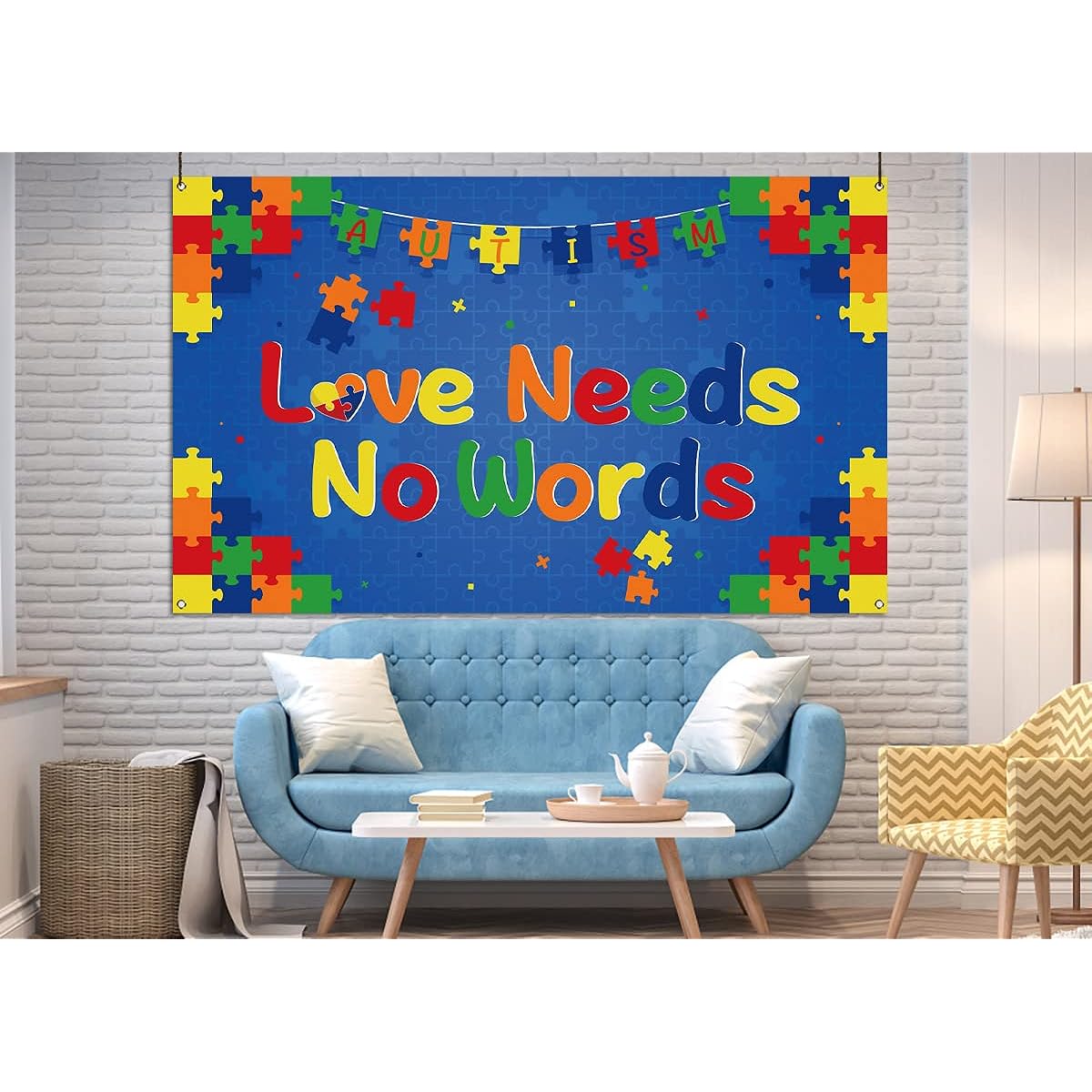 Nepnuser Love Needs No Words Photo Booth Backdrop Puzzle Pieces April Autism Awareness Decor Indoor Outdoor Wall Decor - 5.9 x 3.6 ft