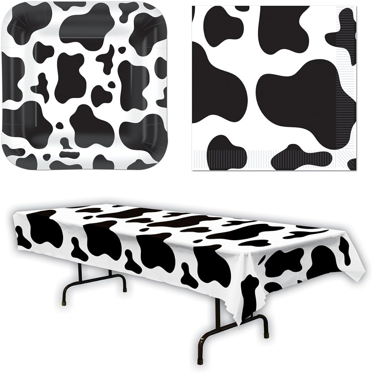 Qty 16 Cow Print 9" Plates, 16 Luncheon Napkins and Cow Print Tablecover 33 Piece Bundle