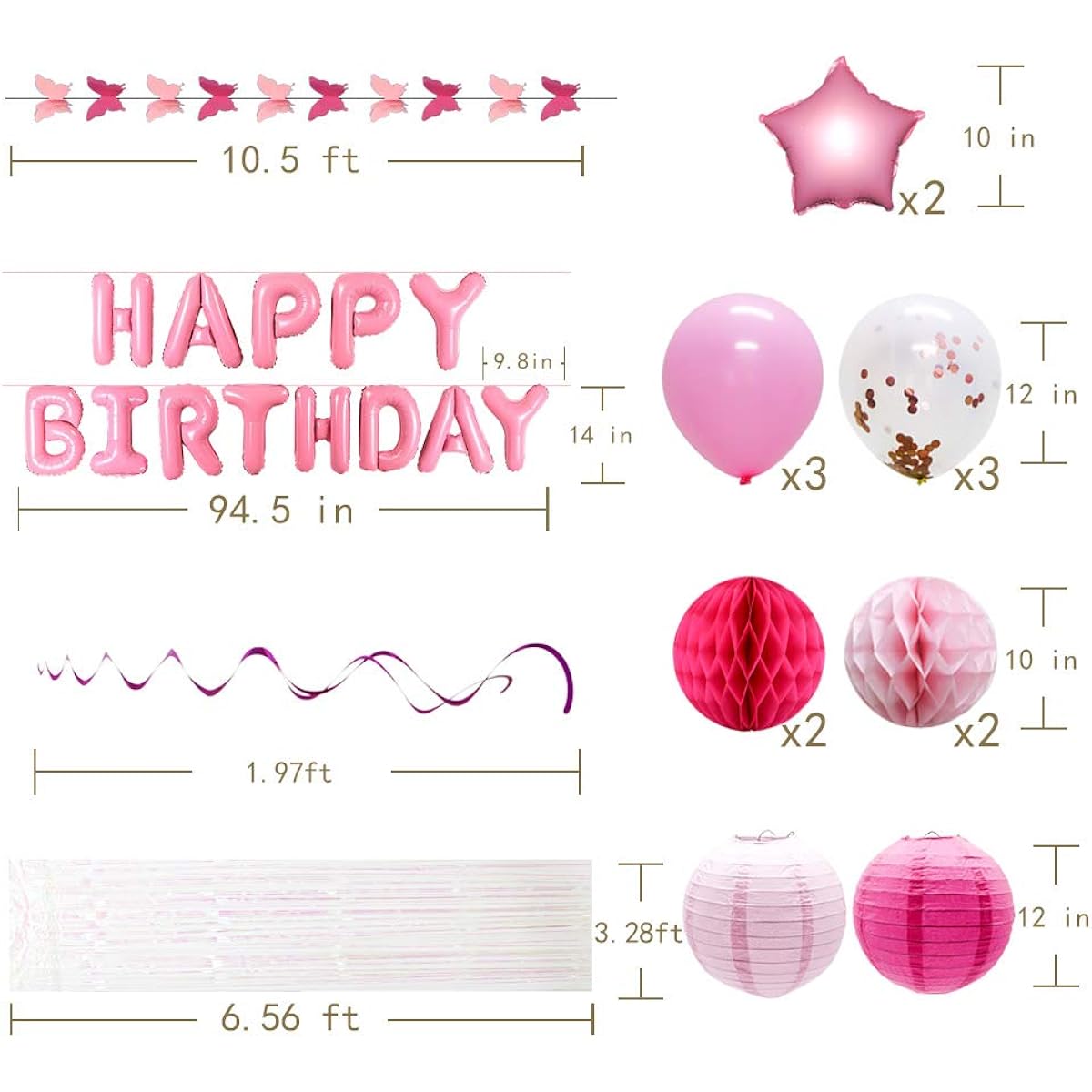 Happy Birthday Balloons Decoration Banner Pink Butterfly Garland Birthday Party Balloons Paper Lanterns Honeycomb Balls Party Hanging Swirl Ribbons Foil Fringe Curtains