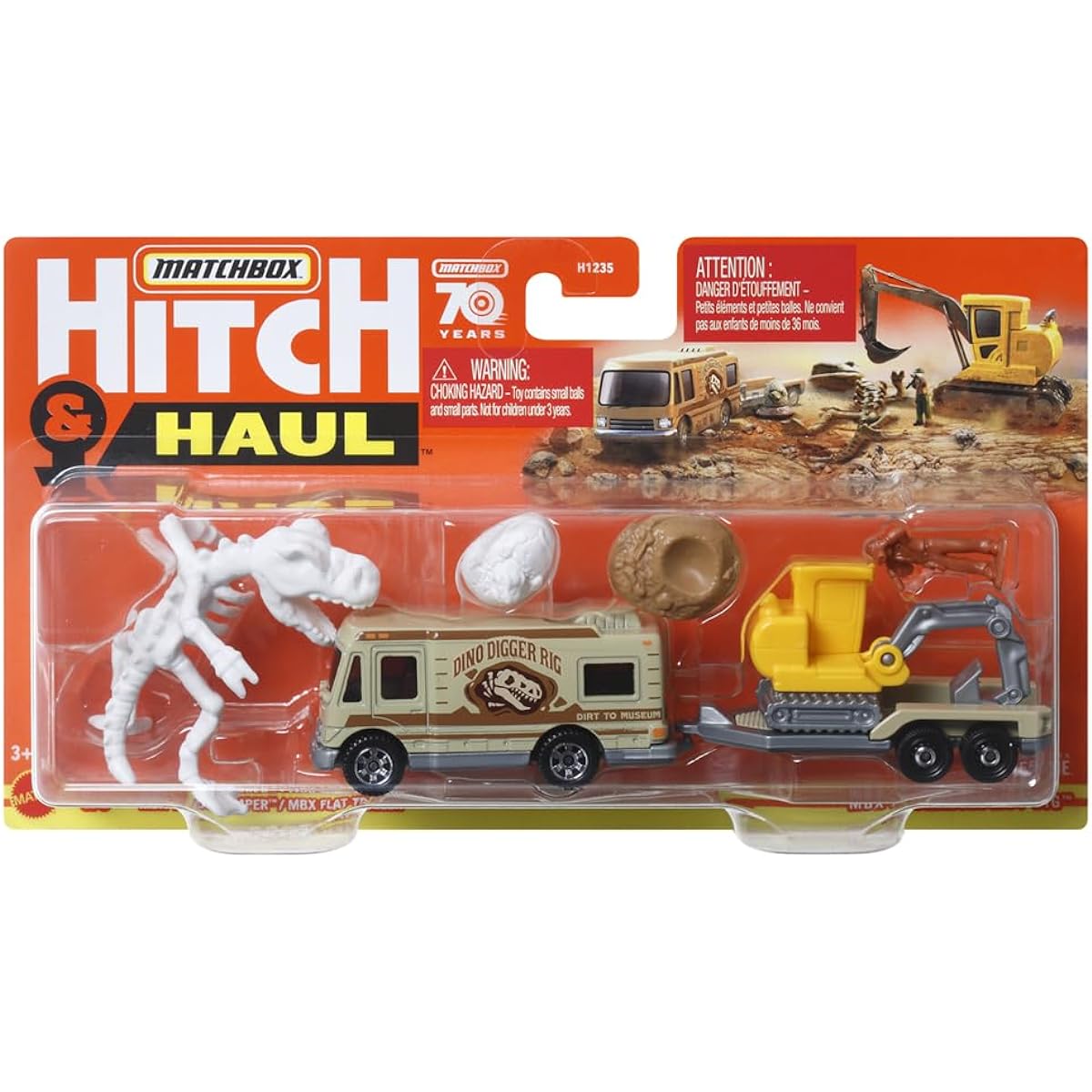 Matchbox Collectors Diecast Hitch and Haul Collector Playset - MBX Archaeologist Dig ~ Tan MBX Truck Camper Towing MBX Flatbed Trailer and Excavator ~ Dinosaur Figures and Eggs and Other Accessories