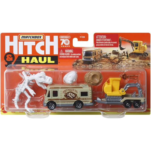 Matchbox Collectors Diecast Hitch and Haul Collector Playset - MBX Archaeologist Dig ~ Tan MBX Truck Camper Towing MBX Flatbed Trailer and Excavator ~ Dinosaur Figures and Eggs and Other Accessories