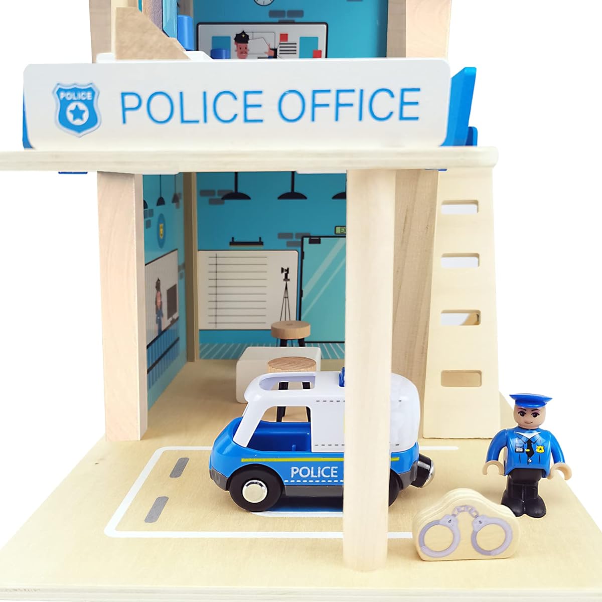 Wooden Police Station Playset Toy, Multicolor, 3 Levels, Pretend Play, Dollhouse Set, Figures, Cars, Helicopter, Accessories, Preschool Learning Educational Toys for Toddlers, Ages 3+