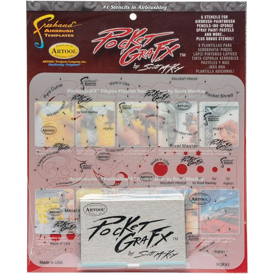 Artool Pocket GraFX PGFX1 Freehand Airbrush Template by Scott MacKay with 6 Stencils and Stainless Steel Holder