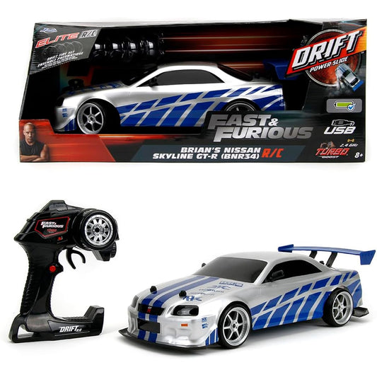 Jada 99701 Toys Fast & Furious Brian's Nissan Skyline GT-R (BN34) Drift Power Slide RC Radio Remote Control Toy Race Car with Extra Tires, 1:10 Scale, Silver/Blue 141［並行輸入］