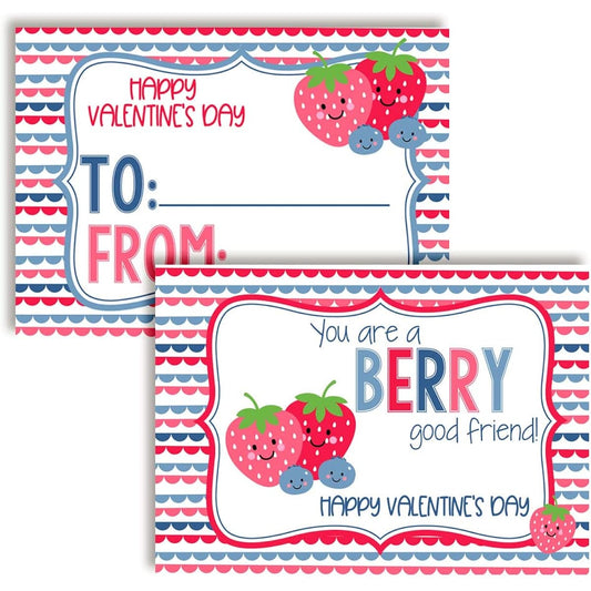 Amanda Creation Berry Themed Valentine's Day Exchange Cards for Friends and Classmates - 30 3.5" x 5" Fill-in Cards (No Envelopes)