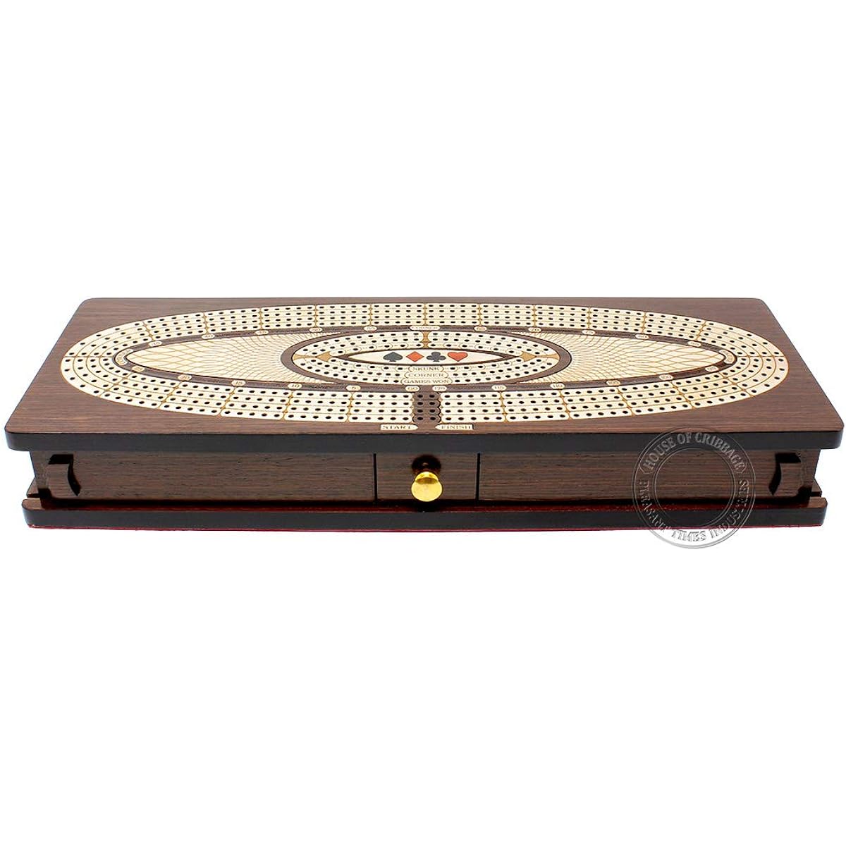 House of Cribbage - Continuous Cribbage Board / Box in Wenge Wood / Maple: 4 Tracks - Sliding Lid, Drawer, Metal Pegs, Score Marking Field, Skunk Corner Game