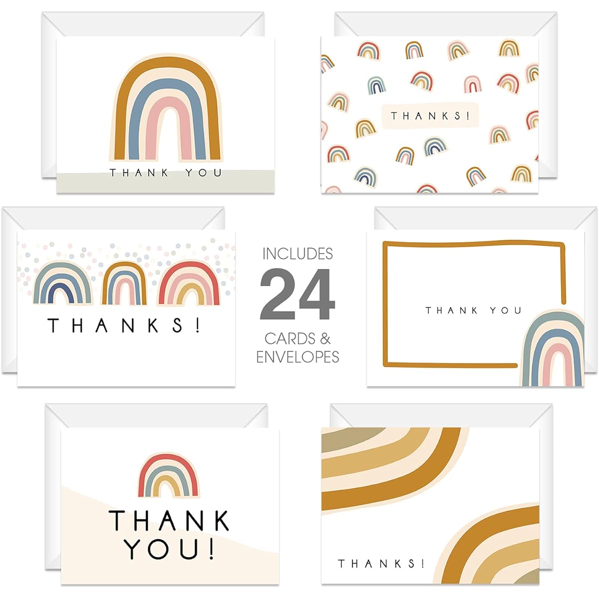 Modern Rainbow Thank You Cards / 24 Baby Shower Birthday Notecards with White Envelopes / 6 Adorable All Occasion Thank You Greeting Card Set Designs / 3 1/2" x 4 7/8" Thank You Cards