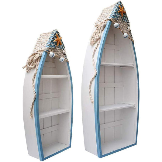 Wooden Nautical Boat Display Shelf Beach Theme Table Decor Standing Boat Shelf for Bathroom Living Room Set of 2