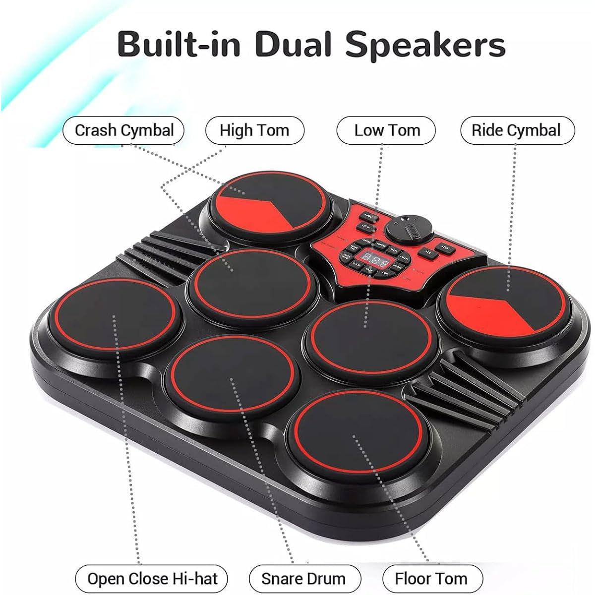 Electronic Drum Set Portable 7 Pad Drum Pad Kit Percussion Instrument with 2 Pedals & 2 Sticks Built-in Speaker Recording/Playback USB Charging Professional Beginner