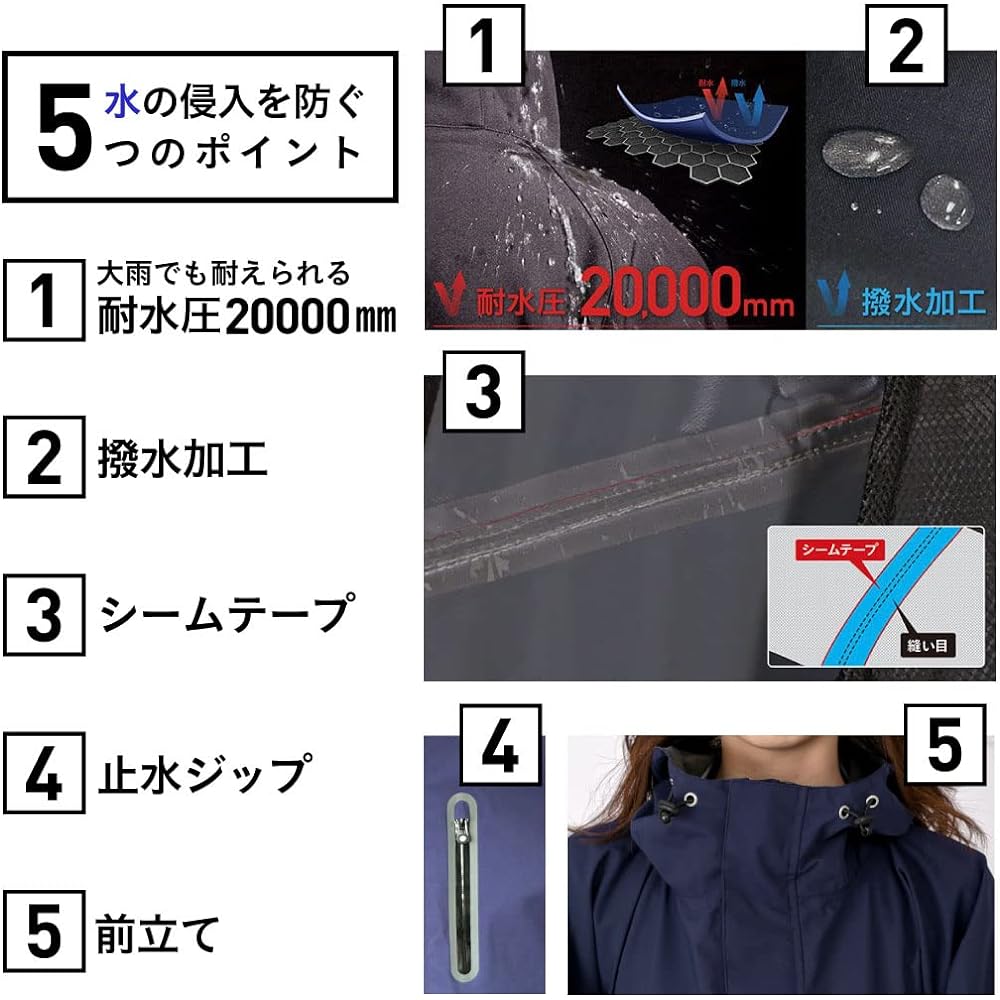 namelessage Rain Poncho, Water Repellent, Water Pressure Resistance 20,000mm, Raincoat, Bicycle, Storage Bag Included, 10 Colors NARP-6100