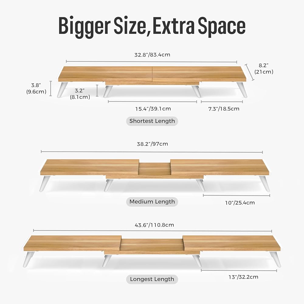 LOUKIN Dual Monitor Stand Riser for Desk 44 x 25cm Large Monitor Stand for 2 Monitors Laptop Printer 3 Tier Shelf Length Angle Adjustable Computer Shelf Home Office Up to 110cm