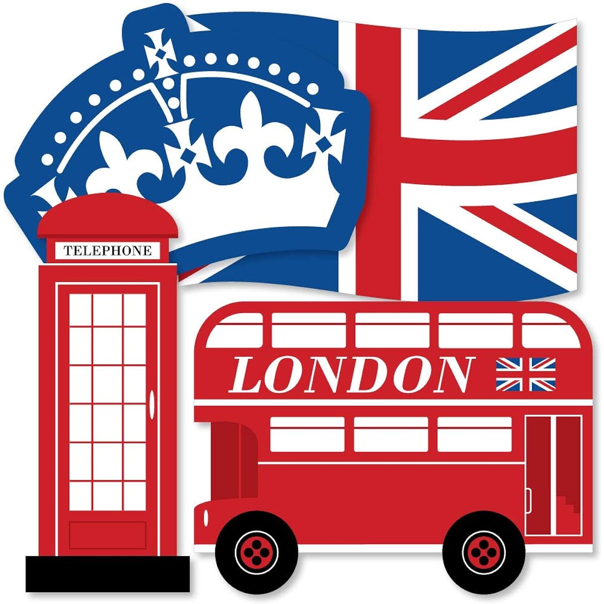 Big Dot of Happiness Cheerio London Union Jack Flag Double Decker Bus Crown Red Telephone Booth Decoration DIY British Party Essentials Set of 20