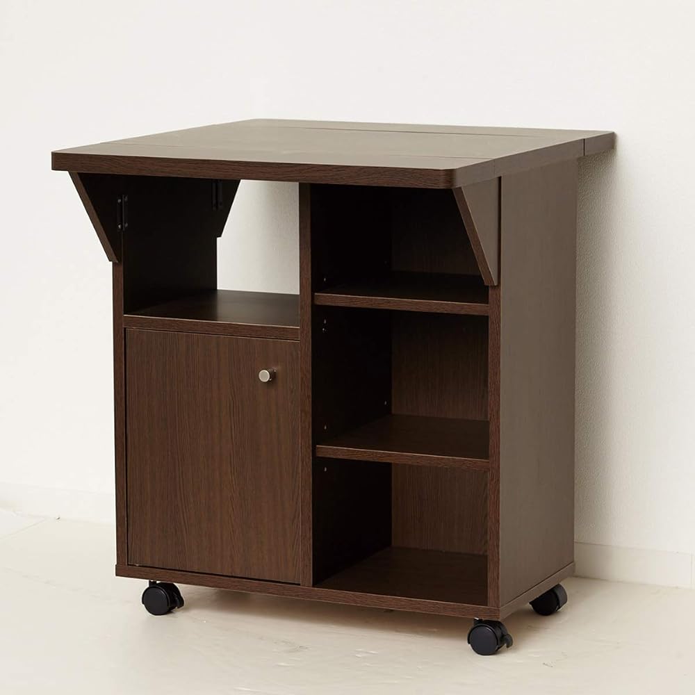 Kuroshio Kitchen Wagon Width 60cm Butterfly Type with Casters Brown Wooden Made in Japan Large Capacity Slim Top Plate Extension Table