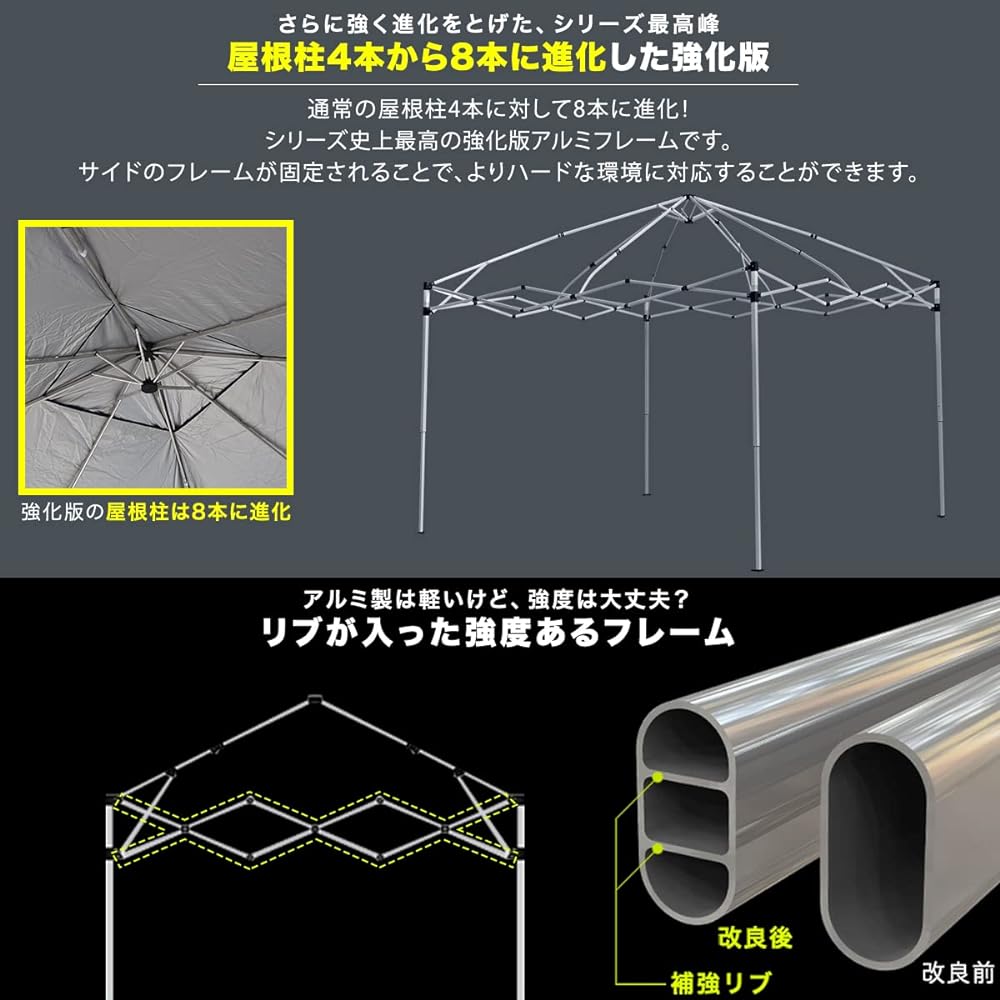 FIELDOOR Easy to assemble!! 3.0×2.0m One-touch tarp tent Lightweight aluminum frame [Reinforced version] G03 Increased roof pillars to 8 Plenty of optional parts sold separately Highly water resistant Silver coating UV cut coating