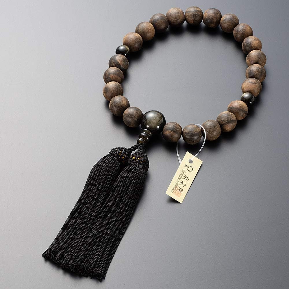 Buddhist altar shop Takita Shoten Kyoto prayer beads for men, striped ebony (unpulled), gold obsidian finish, 22 beads, pure silk tassel, beads bag included, can be used by all sects, certificate included