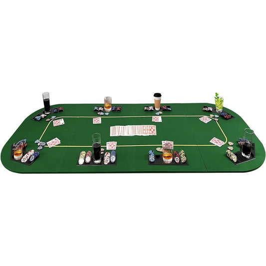79 x 36 Inch Foldable Poker Table Top Rectangular Poker Table Topper Green Felt with Chip Tray & Cup Holder Professional Texas Hold'em Poker Table Mat with Carry Bag for Card Casino Games
