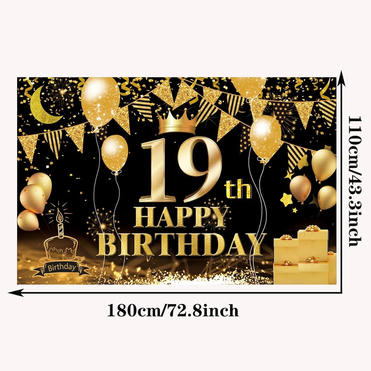 Happy 19th Birthday Backdrop Banner Black Gold 19th Sign Poster 19th Birthday Party Supplies Favors Photo Booth Photography Background Birthday Party Decorations 72.8 x 43.3 Inch