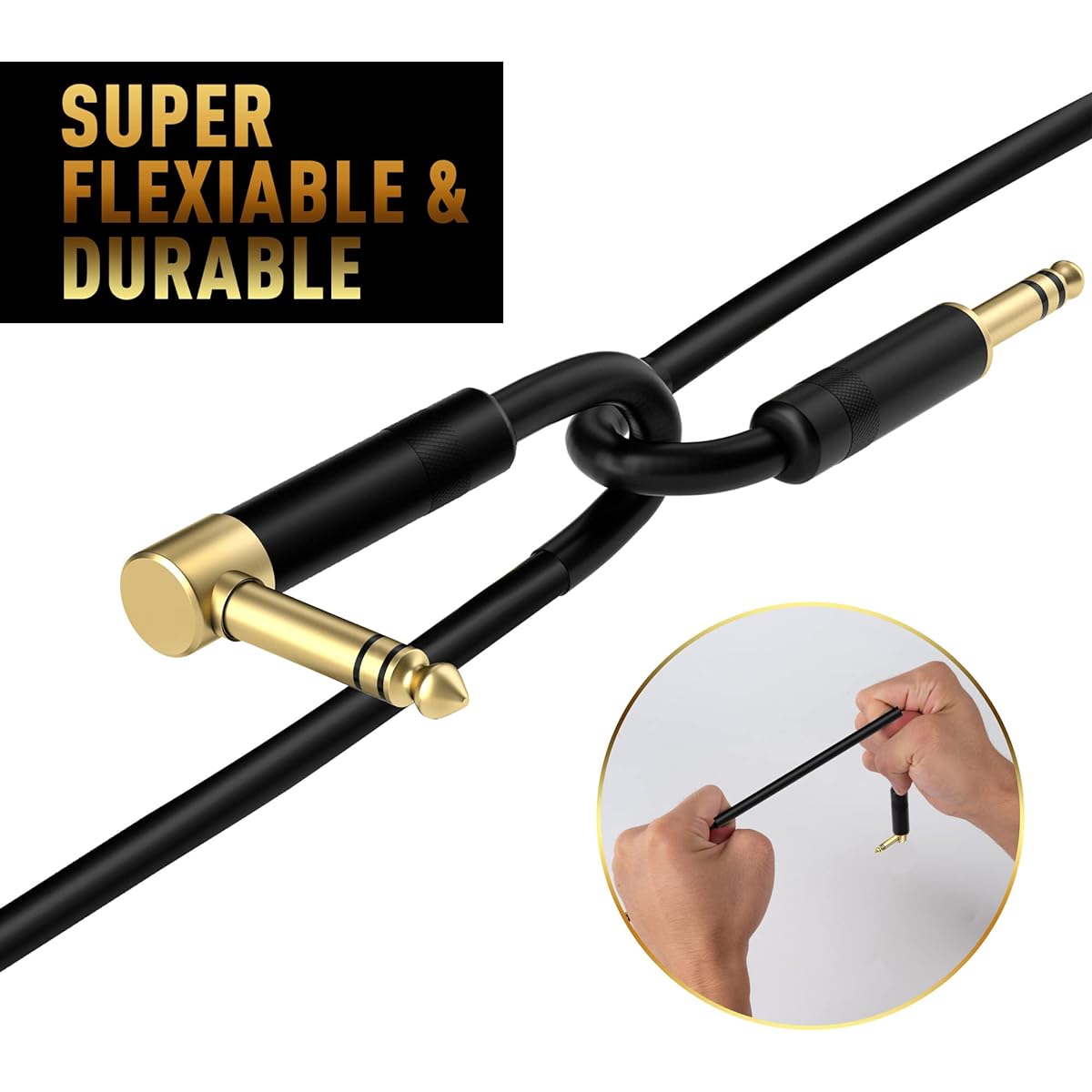 Elecan 1/4" TRS Instrument Cable 50ft Right Angle to Straight 6.35mm Male Jack Stereo Audio Interconnect Cord Gold Plated 90 Degree 6.35mm Balanced Line for Electric Guitar Bass with 5 Ties