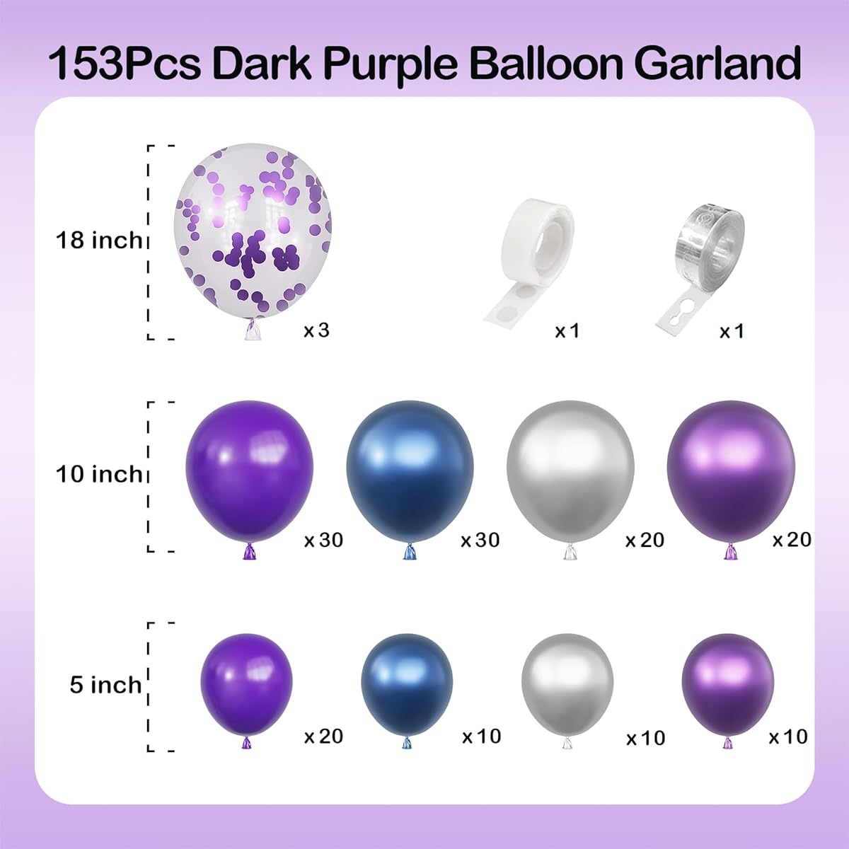 Dark Purple Blue Balloon Arch Garland Kit with 153pcs Metallic Silver Balloons Confetti Balloons for Birthday Christmas Baby Shower Wedding Cocktail Party Decorations