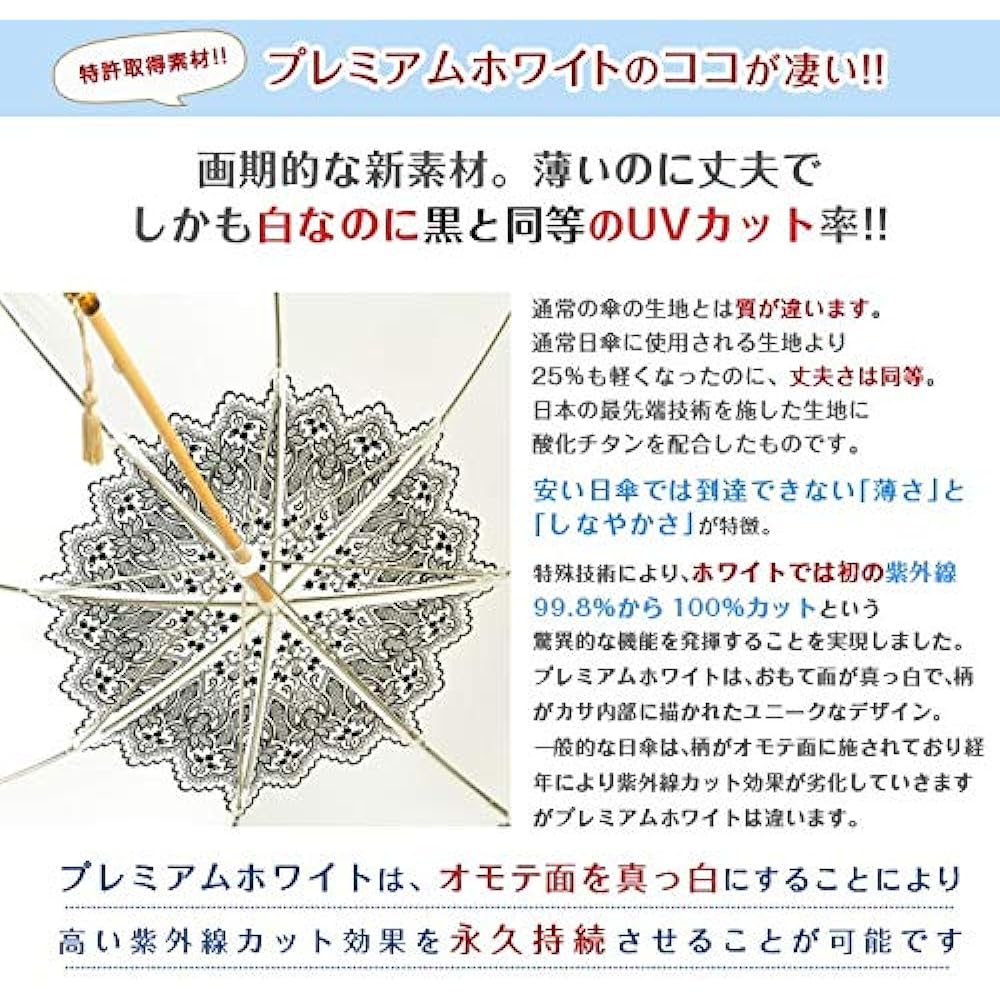 UVION Premium White Parasol UV Protection -10 Degrees Long Umbrella for Both Sunny and Rainy Days Ultra Lightweight Bamboo Hand Lace Pattern