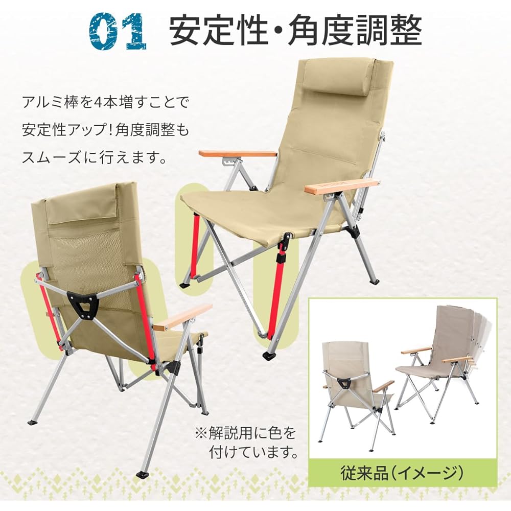 KOHAMI Outdoor Chair Deck Chair Folding 4-Stage Reclining Pillow Back Pocket Lightweight (Black)