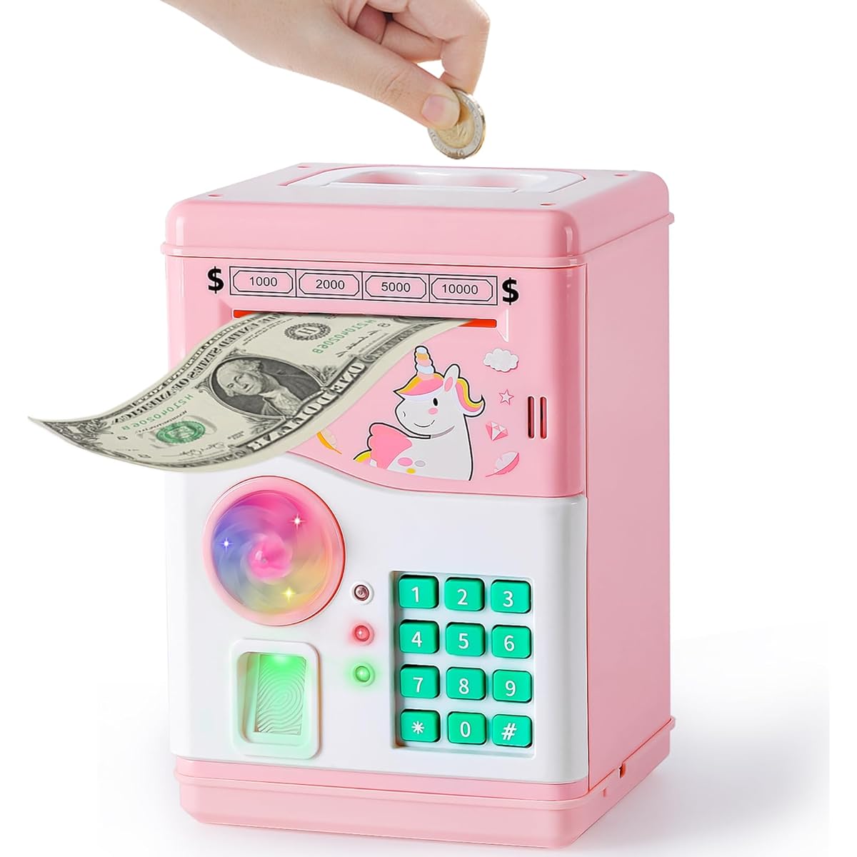 Piggy Bank for Girls, Electronic Mini ATM Coin Bank, Money Box with Password & Fingerprint Unlock Simulation, Unicorn Toy, Christmas Birthday Gift for Ages 5, 6, 7, 8