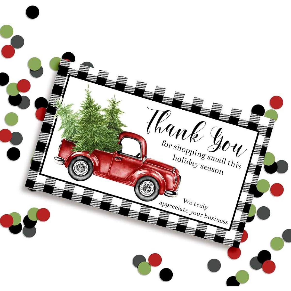 AmandaCreation Black Buffalo Check Red Watercolor Pickup Truck Christmas Holiday Themed Customer Appreciation Package Inserts for Small Business 2" x 3.5" Single Sided Insert Cards, 100 Count