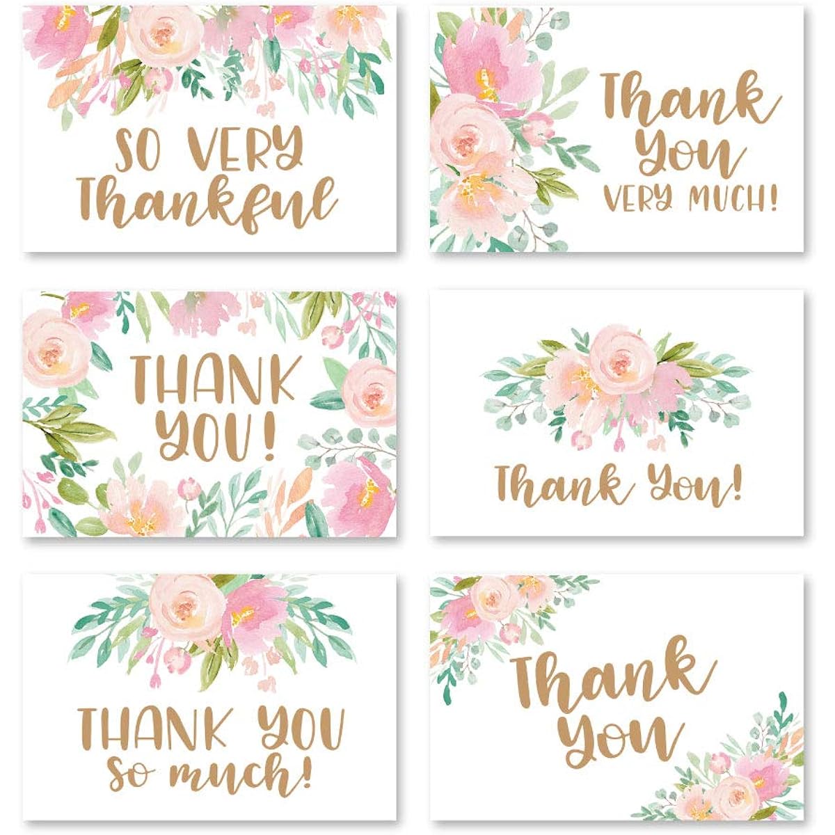 24 Pink Blush Floral Thank You Cards with Envelopes for Adult Funeral, Sympathy, and Gift Gratitude for Graduation, Birthday, Baby, Bridal, Wedding Shower, Boys, Girls, Watercolor Flowers
