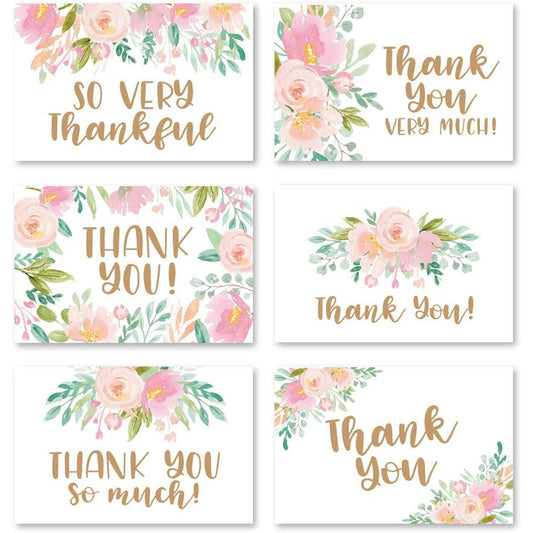 24 Pink Blush Floral Thank You Cards with Envelopes for Adult Funeral, Sympathy, and Gift Gratitude for Graduation, Birthday, Baby, Bridal, Wedding Shower, Boys, Girls, Watercolor Flowers