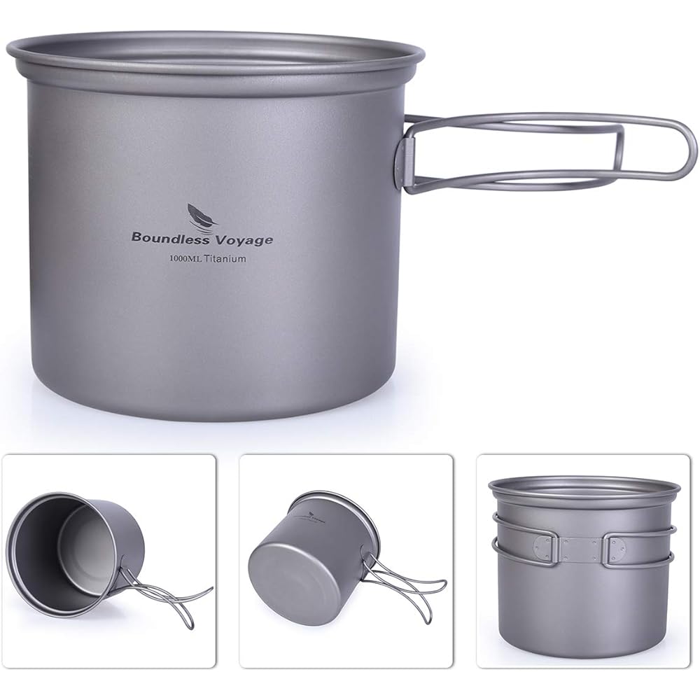 iBasingo 2 Piece Set Titanium Pot Set Ultra Light Outdoor Camping Cooker Set Tableware Cooking Utensils for Living Alone Folding Handle Storage Bag Included