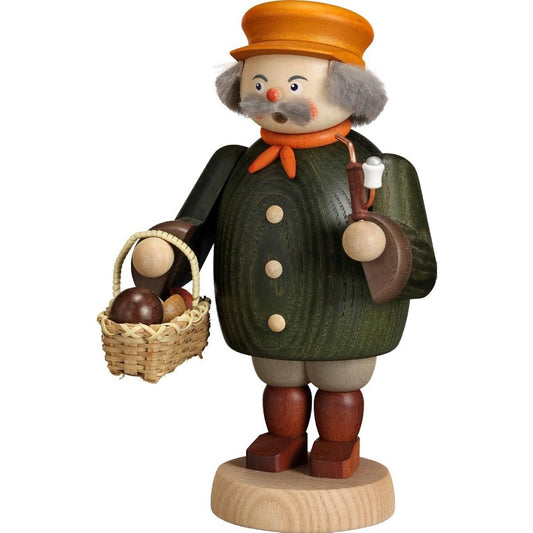 Smoke-emitting figure - mushroom hunter, height 19 cm / 7.5 inches, original Erzgebirge folk art from Seiffen, SV 12664
