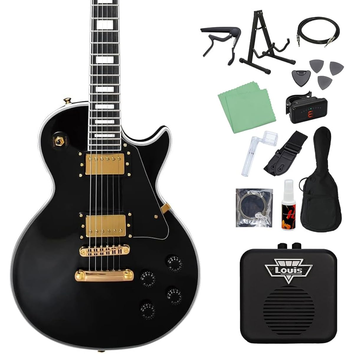 Photogenic LP-300C BK Electric Guitar Beginner 14-piece Set [With Mini Amplifier] Les Paul Custom Type Black Photogenic