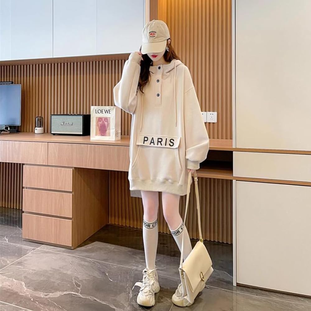 [JIYUTOR] Long Parka Women's Sweatshirt Hooded Sweatshirt With Pocket Big Silhouette Body Covering Large Size Loose Fleece Lined Parka