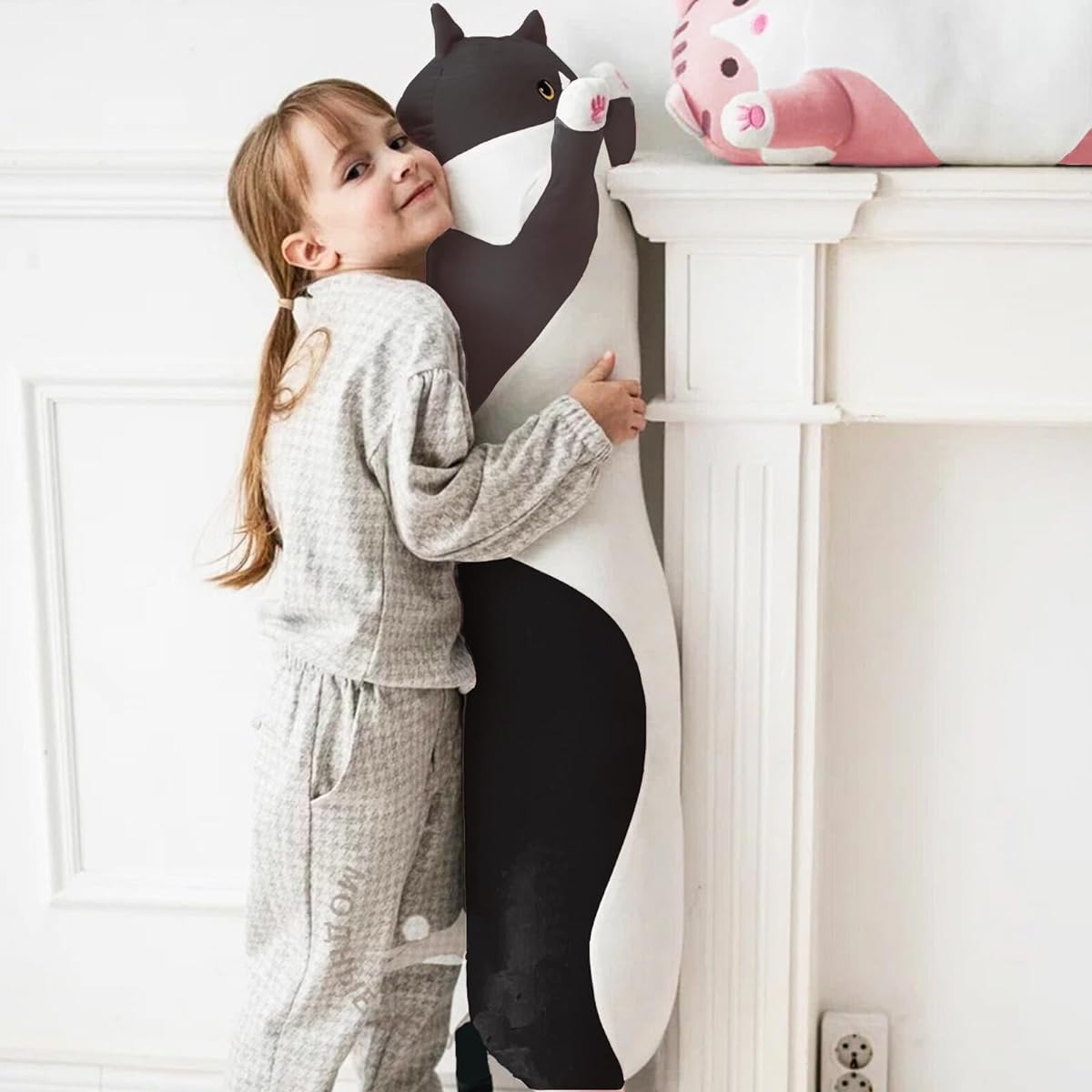 Vseegrs Cat Plush Pillow Cute Weighted Long Cat Stuffed Animal Soft Animal Plush Toy Cute Cat Plush Toy for Girls Boys (Black, 35.4 Inch)