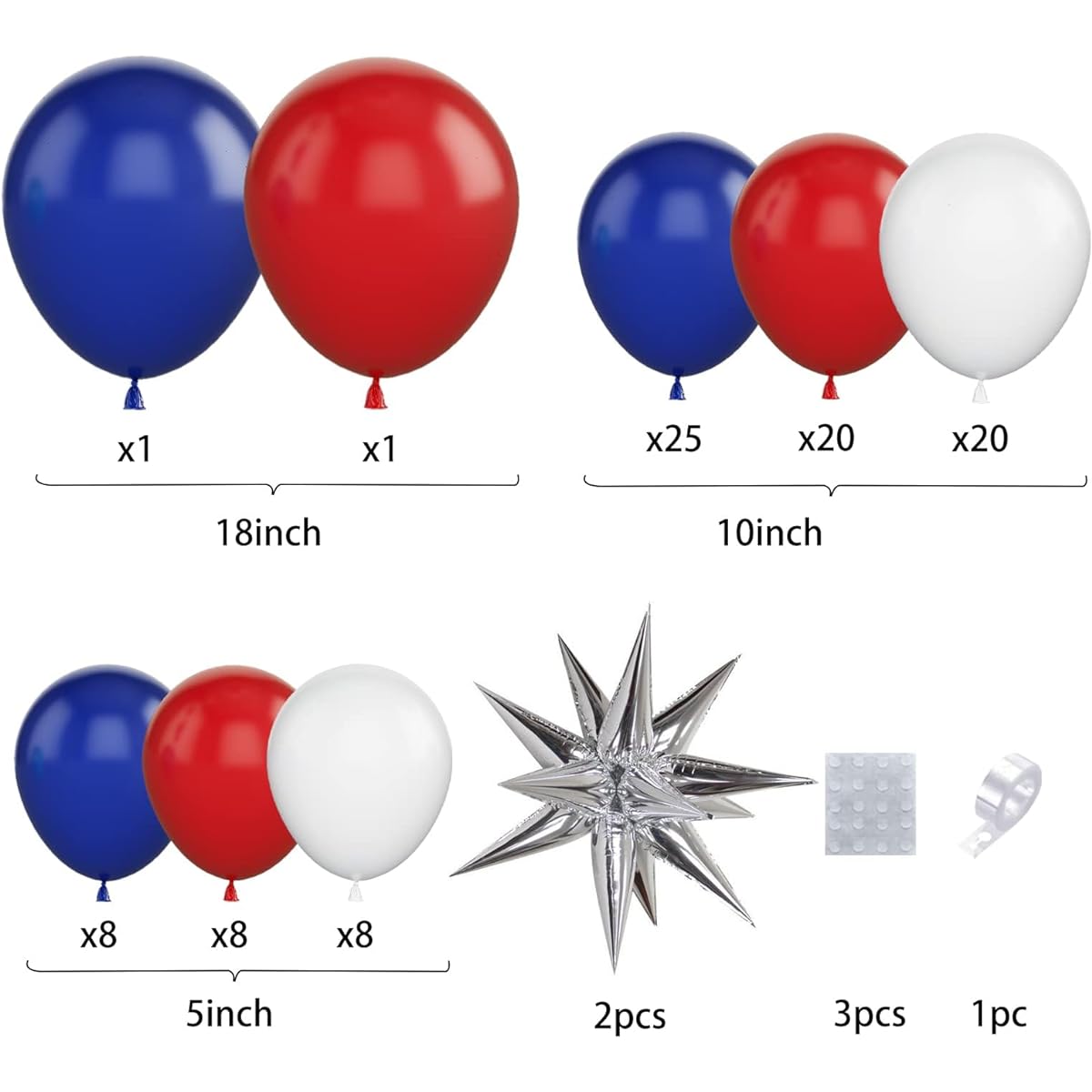 Red White Blue Balloon Arch Kit Latex Birthday Balloons 5 10 18 Inch Blue Red White Party Balloon Garland Kit with 2 Silver Exploding Stars for Baby Shower Decorations Wedding Graduation Party