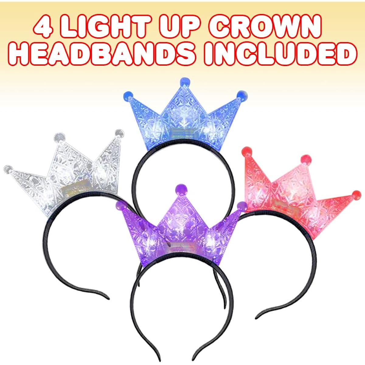 ArtCreativity Light Up Crowns for Kids, Set of 4 LED Headband Crowns for Girls and Boys, Princess Party Supplies, Princess Halloween Costume Accessories, Cute Light Up Birthday Party Favors
