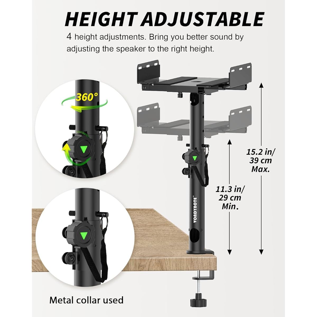 Vondynote Dual Side Clamp Studio Monitor Stand, Set of 2 Desktop Clamp Speaker Stands with Cable Management, Extendable Top Plate, Screw Mounting