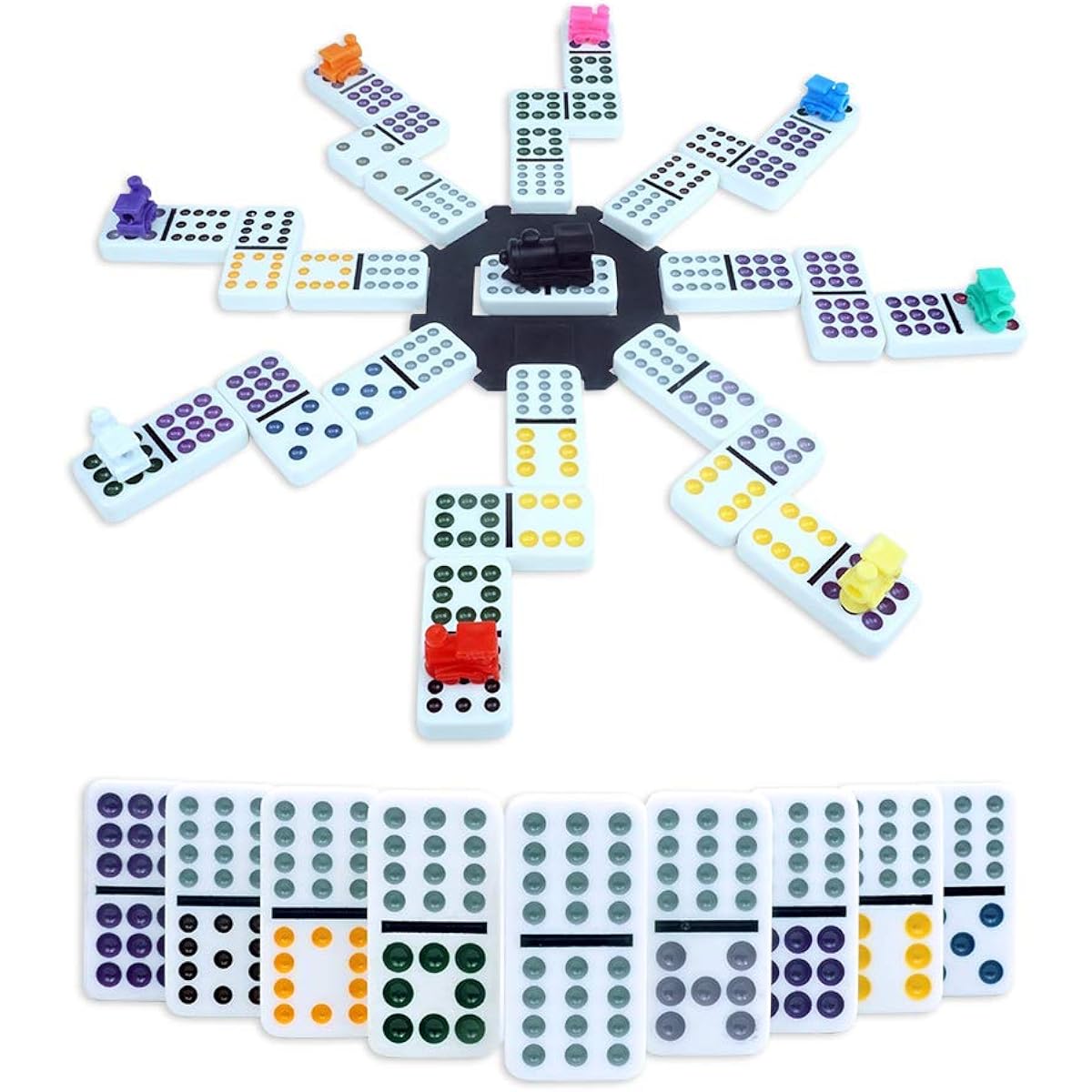 Pureplay Double 12 Color Dot Domino Game Set Mixian Train Chicken Feet 91 Tiles and 9 Train Rows Plastic Pieces Aluminum Case for Kids Adults Women