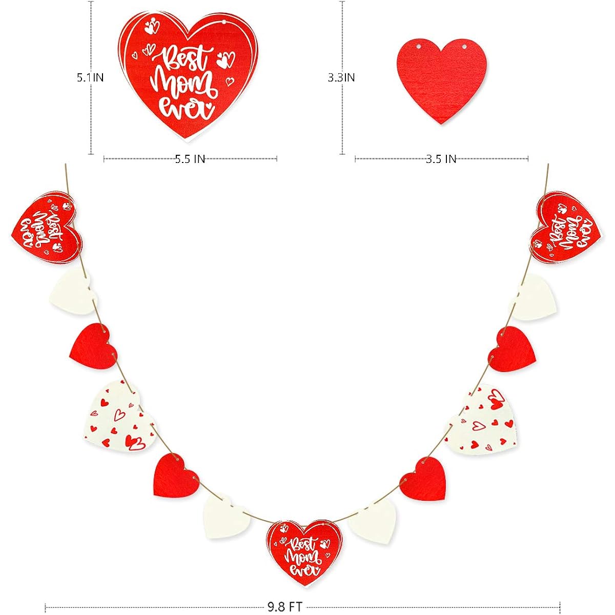 pinkblume Best Mom Ever Banner White and Red Wooden Heart Decorations Garland Streamer Ornaments Happy Mother's Day/Mother's Day/Birthday Party Decoration Supplies