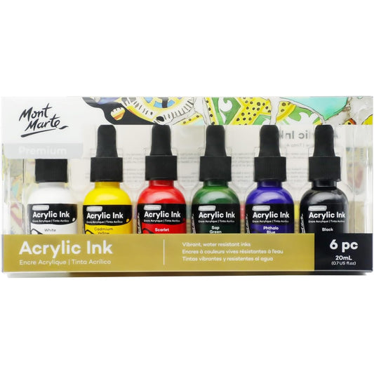 Mont Marte Acrylic Ink Premium 6 x 20ml (0.7 US fl.oz) Acrylic Ink for Artists Essential Colors Perfect for Airbrush/Poling Art/Scrapbooking/Ink Drawing/Mixed Media