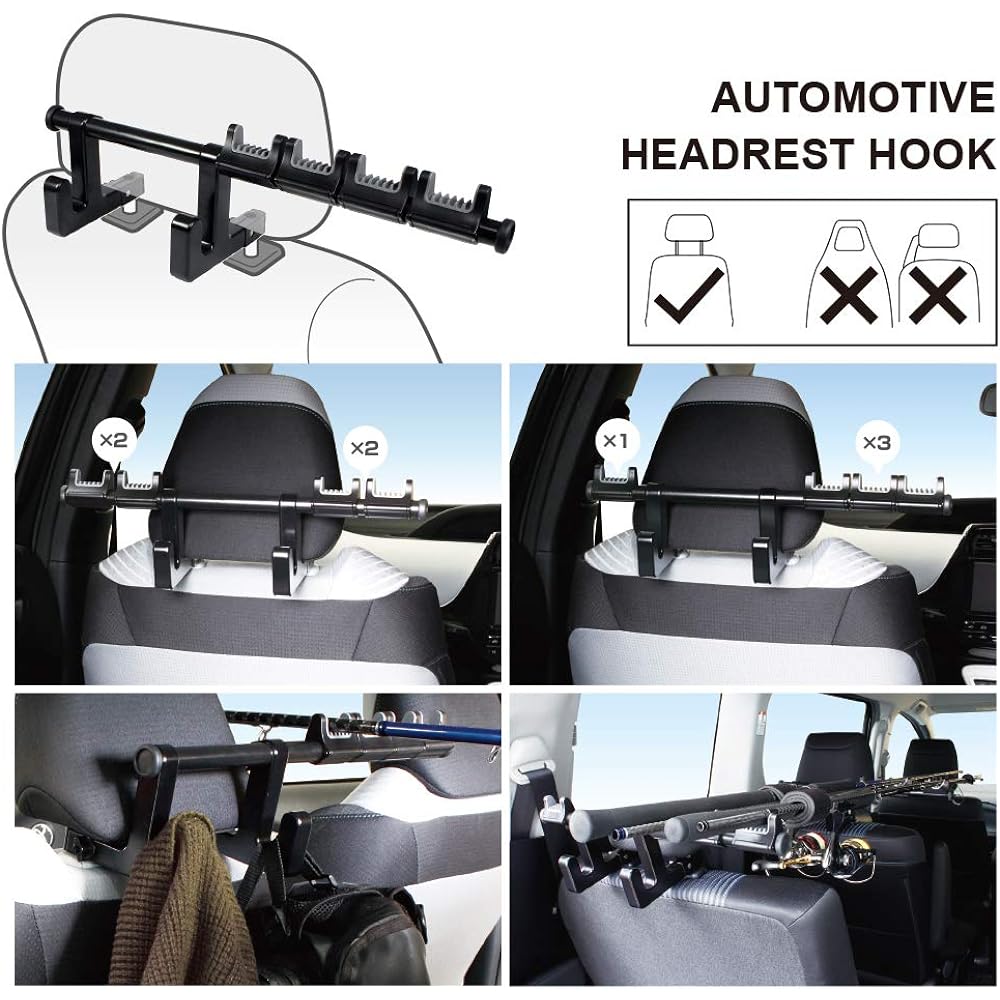 LITTLEMOLE Car Fishing Rod Holder with Seat Hook Multifunctional Fishing Rod Rack Car Headrest Hook Hanger Holder for Bag Wallet Cloth Grocery