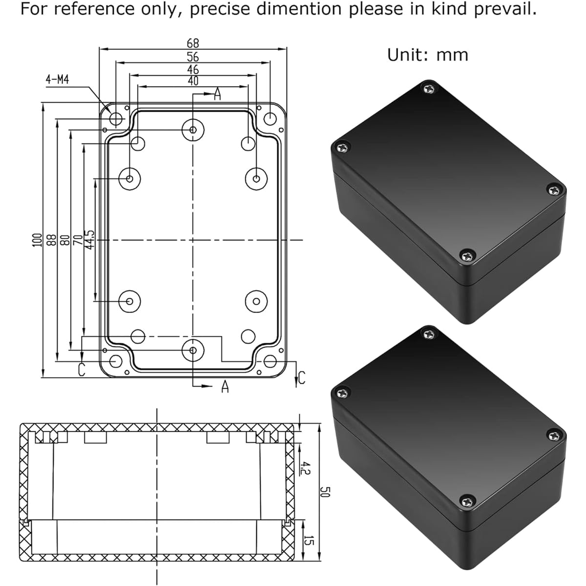 2 Pieces Junction Boxes, Outdoor Waterproof Junction Box, Plastic Electronic Project Boxes, Waterproof Electrical Cable Connections - 100x68x50 mm/Black